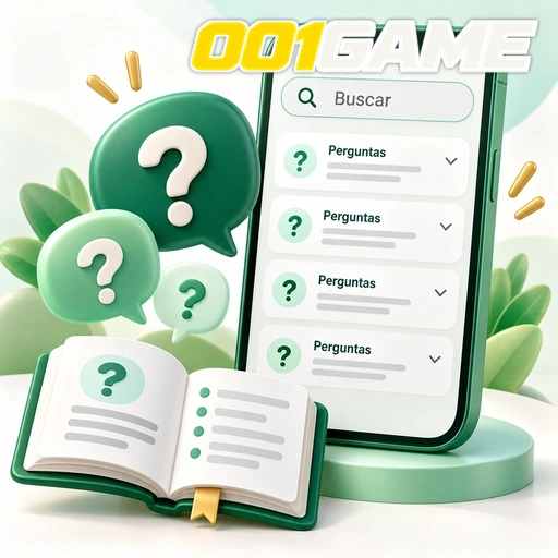 001GAME — ilustração de perguntas frequentes no celular com busca e pontos de interrogação